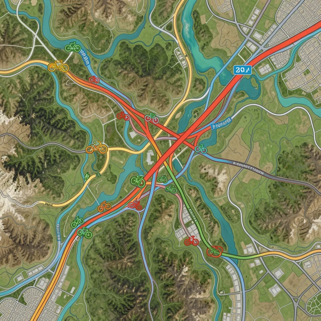 Abstract map showing interconnected cycling paths through varied terrain